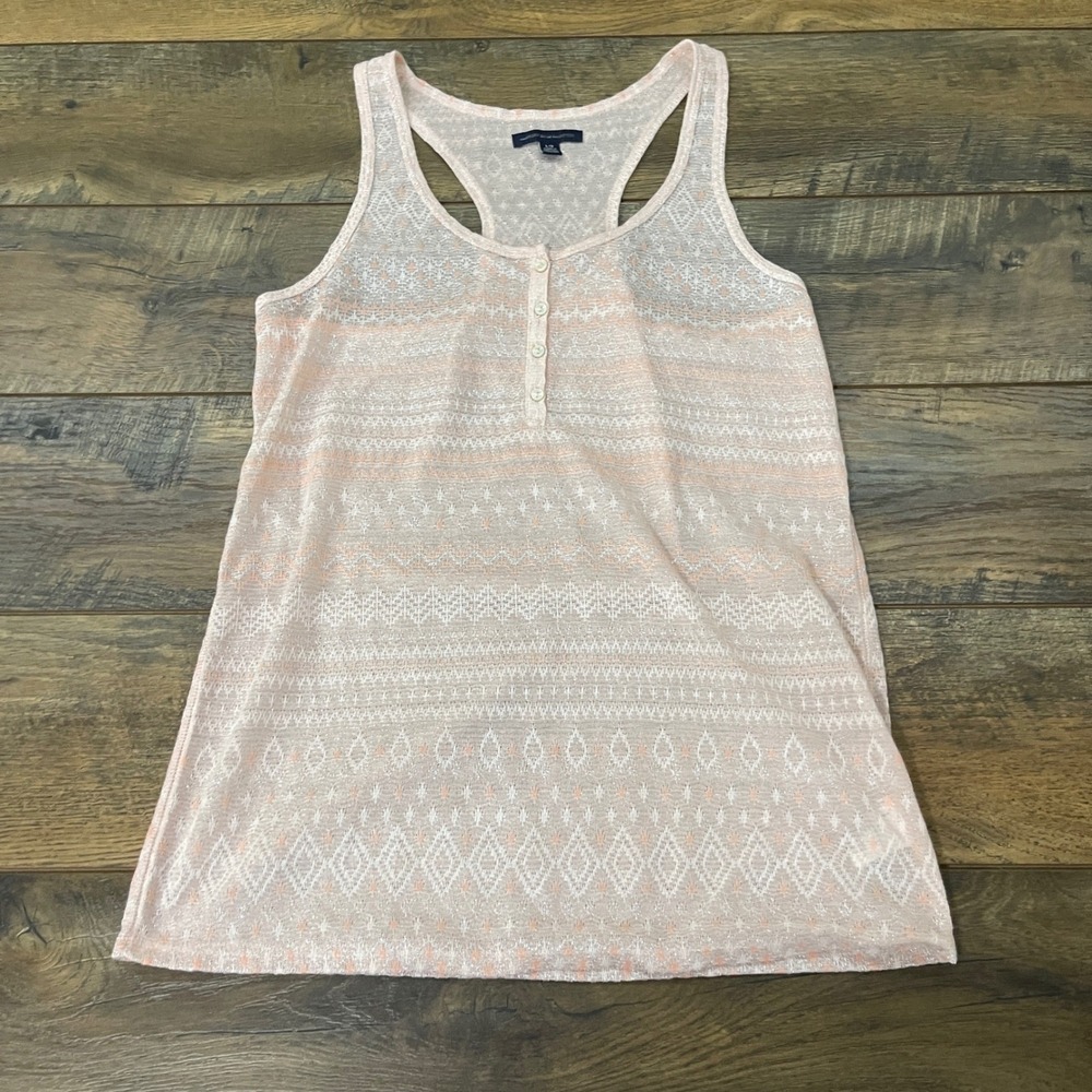 American Eagle Pink Metallic Pointelle Henley Racerback Tank Top Large Sheer Y2K